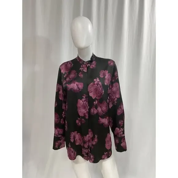 Vince 'Begonia' Black Floral Silk Banded Long Sleeve Collar Shirt Size M - Picture 2 of 5
